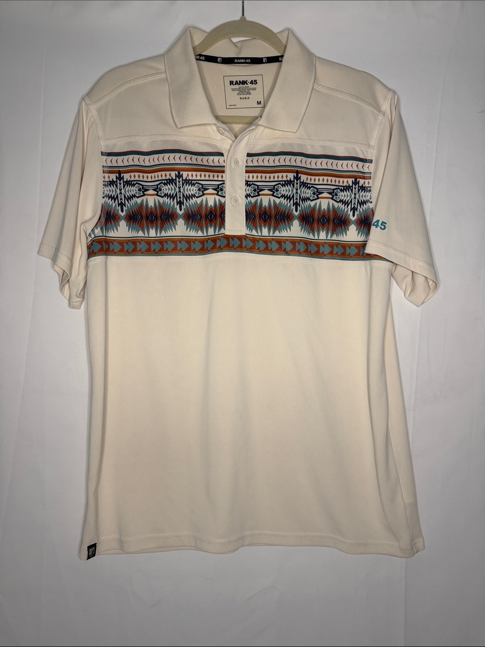 Rank-45 Men’s Cream Polo with Multicolor Geo Stripe